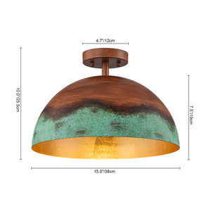 1-Light Industrial Copper Patina Metal Dome Semi Flush Mount