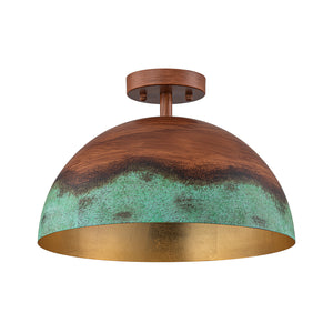 1-Light Industrial Copper Patina Metal Dome Semi Flush Mount