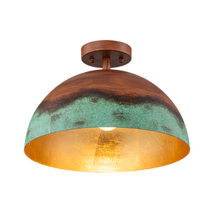 1-Light Industrial Copper Patina Metal Dome Semi Flush Mount