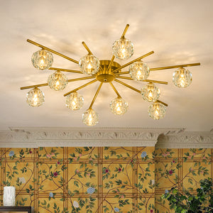 12-Light Brass Faceted Crystal Sputnik Semi Flush Chandelier