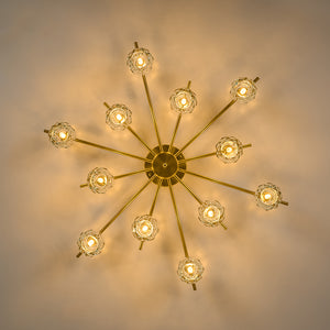 12-Light Brass Faceted Crystal Sputnik Semi Flush Chandelier
