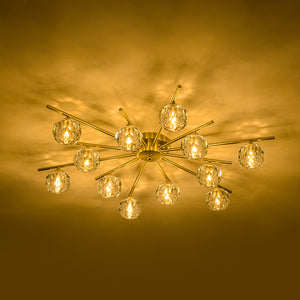 12-Light Brass Faceted Crystal Sputnik Semi Flush Chandelier