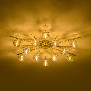 12-Light Brass Faceted Crystal Sputnik Semi Flush Chandelier