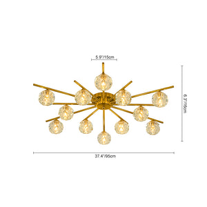 12-Light Brass Faceted Crystal Sputnik Semi Flush Chandelier