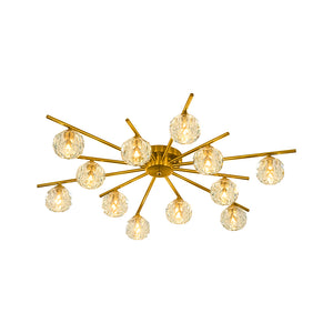 12-Light Brass Faceted Crystal Sputnik Semi Flush Chandelier