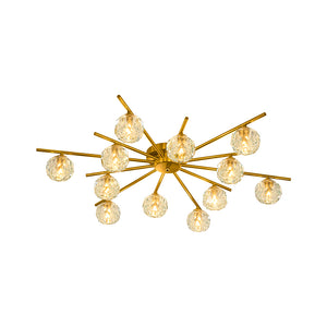 12-Light Brass Faceted Crystal Sputnik Semi Flush Chandelier