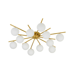 12-Light Brass Milky Glass Bubble Sunburst Semi Flush Chandelier