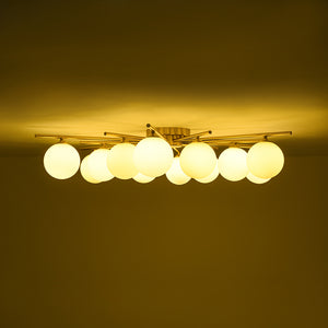 12-Light Brass Milky Glass Bubble Sunburst Semi Flush Chandelier