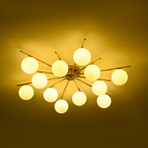 12-Light Brass Milky Glass Bubble Sunburst Semi Flush Chandelier