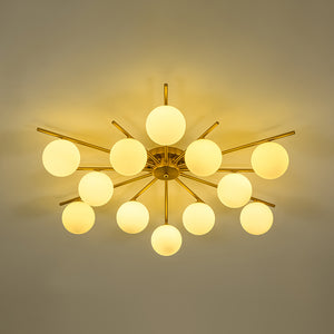 12-Light Brass Milky Glass Bubble Sunburst Semi Flush Chandelier