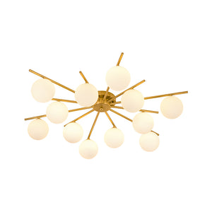 12-Light Brass Milky Glass Bubble Sunburst Semi Flush Chandelier