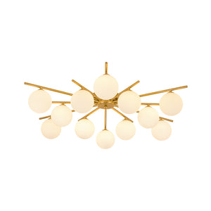 12-Light Brass Milky Glass Bubble Sunburst Semi Flush Chandelier