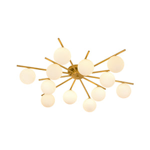 12-Light Brass Milky Glass Bubble Sunburst Semi Flush Chandelier