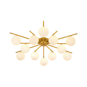 12-Light Brass Milky Glass Bubble Sunburst Semi Flush Chandelier