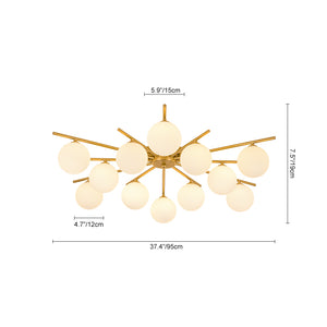 12-Light Brass Milky Glass Bubble Sunburst Semi Flush Chandelier