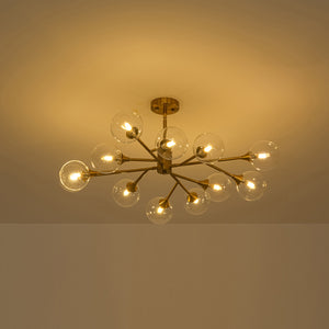 Mid-Century Brass Glass Bubble Branch Sputnik Semi Flush Chandelier
