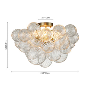 3-Light Brass Cluster Ribbed Glass Bubble Semi Flush Chandelier