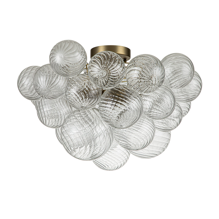 3-Light Brass Cluster Ribbed Glass Bubble Semi Flush Chandelier