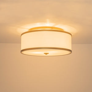 3-Light Brass White Fabric Drum Cage Semi Flush Mount