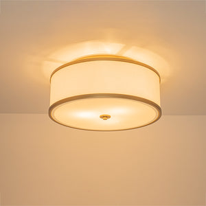 3-Light Brass White Fabric Drum Cage Semi Flush Mount