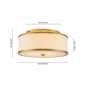 3-Light Brass White Fabric Drum Cage Semi Flush Mount