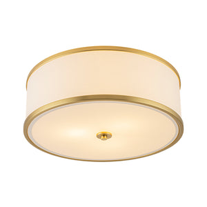 3-Light Brass White Fabric Drum Cage Semi Flush Mount