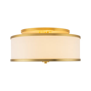 3-Light Brass White Fabric Drum Cage Semi Flush Mount