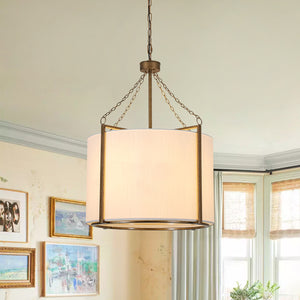 3-Light Distressed Bronze White Fabric Drum Lantern Pendant