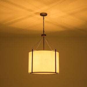 3-Light Distressed Bronze White Fabric Drum Lantern Pendant