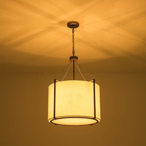 3-Light Distressed Bronze White Fabric Drum Lantern Pendant