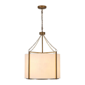 3-Light Distressed Bronze White Fabric Drum Lantern Pendant
