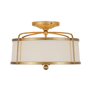 3-Light Distressed Gold Linen Drum Cage Semi Flush Mount