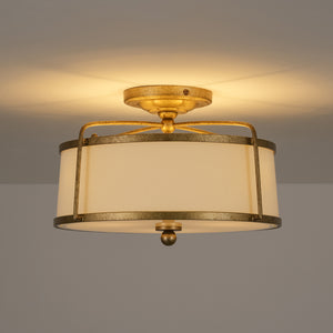 3-Light Distressed Gold Linen Drum Cage Semi Flush Mount