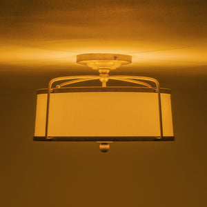 3-Light Distressed Gold Linen Drum Cage Semi Flush Mount