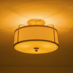 3-Light Distressed Gold Linen Drum Cage Semi Flush Mount