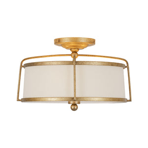 3-Light Distressed Gold Linen Drum Cage Semi Flush Mount