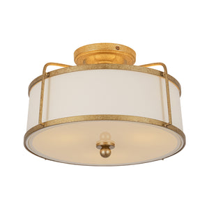 3-Light Distressed Gold Linen Drum Cage Semi Flush Mount