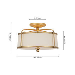 3-Light Distressed Gold Linen Drum Cage Semi Flush Mount