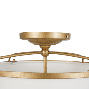 3-Light Distressed Gold Linen Drum Cage Semi Flush Mount