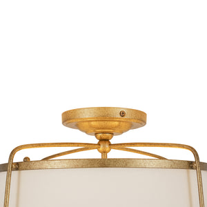 3-Light Distressed Gold Linen Drum Cage Semi Flush Mount