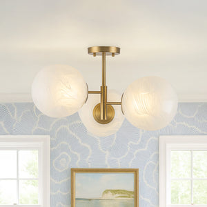 3-Light Opal Swirl Glass Globe Tiered Sputnik Semi Flush Mount