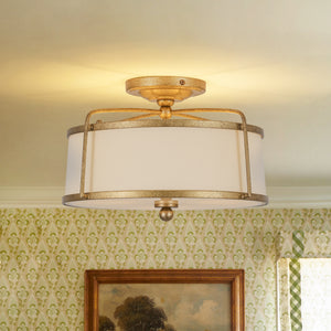 3-Light Distressed Gold Linen Drum Cage Semi Flush Mount