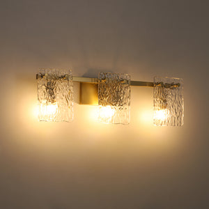3-Light Water Glass Square Panel Brass Vanity Wall Sconce