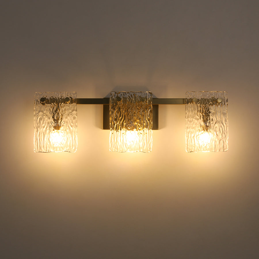 3-Light Water Glass Square Panel Brass Vanity Wall Sconce