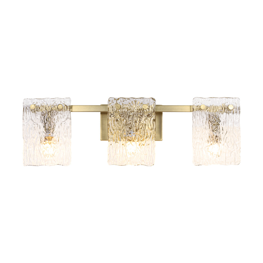 3-Light Water Glass Square Panel Brass Vanity Wall Sconce