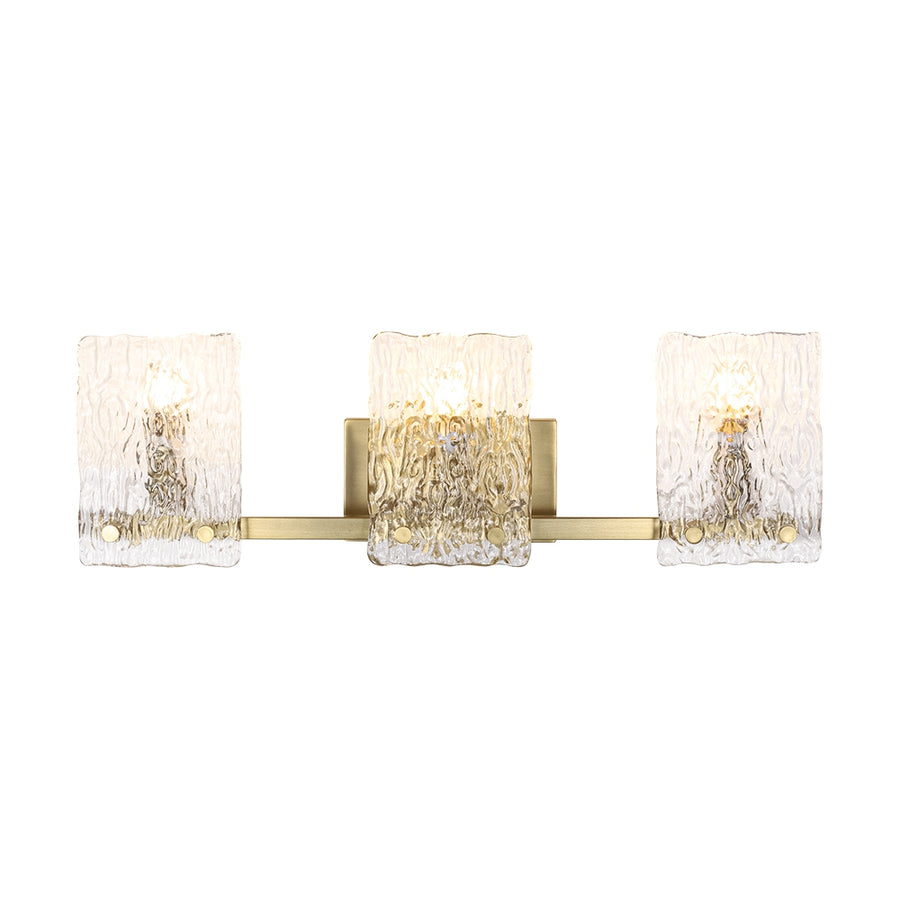 3-Light Water Glass Square Panel Brass Vanity Wall Sconce