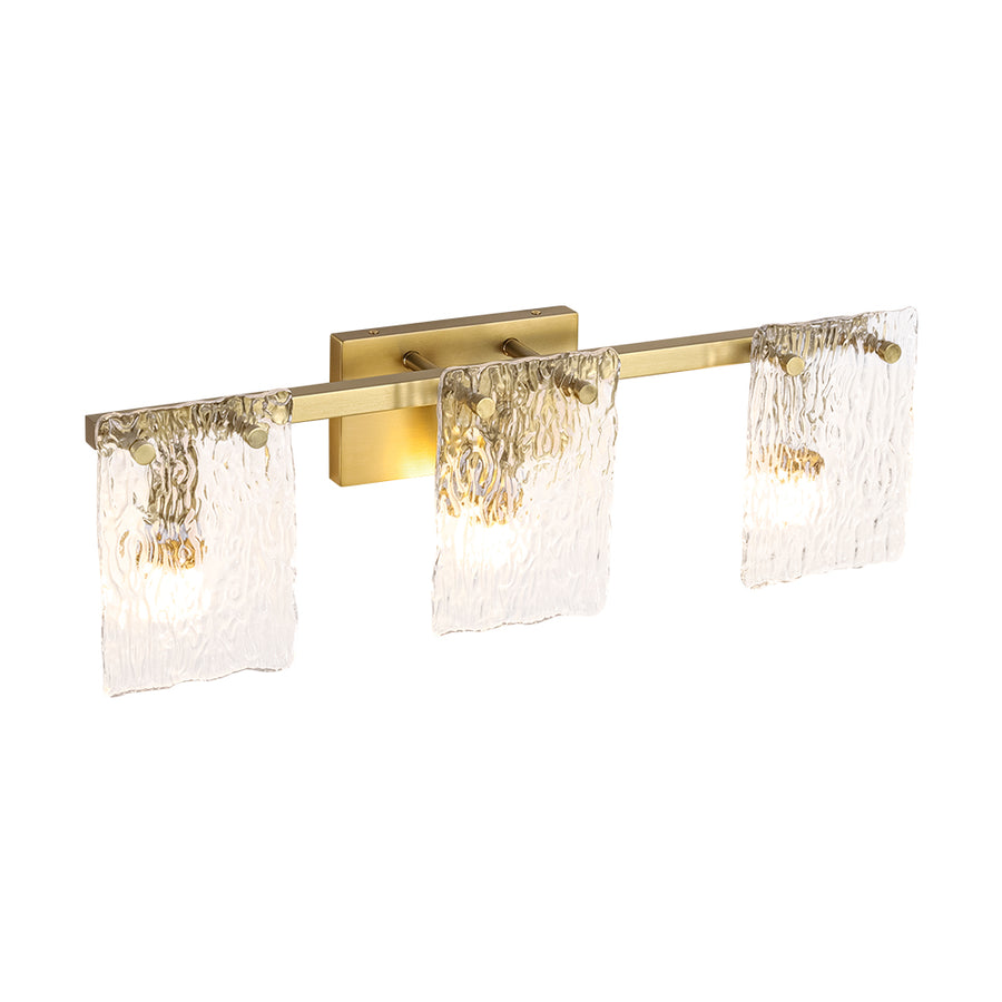 3-Light Water Glass Square Panel Brass Vanity Wall Sconce