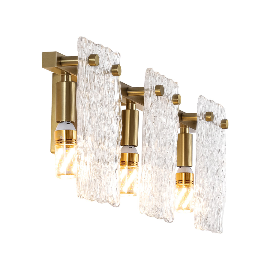3-Light Water Glass Square Panel Brass Vanity Wall Sconce