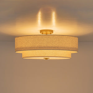 4-Light Tiered Beige Linen Round Drum Brass Semi Flush Mount