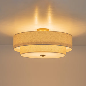 4-Light Tiered Beige Linen Round Drum Brass Semi Flush Mount